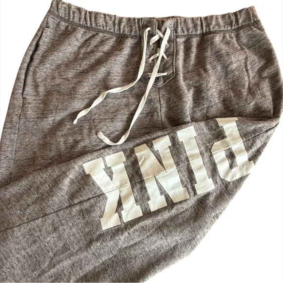 PINK VICTORIA’S SECRET HEATHER GRAY LACE-UP LIGHTWEIGHT LOGO SWEATPANTS *LARGE - Picture 4 of 16